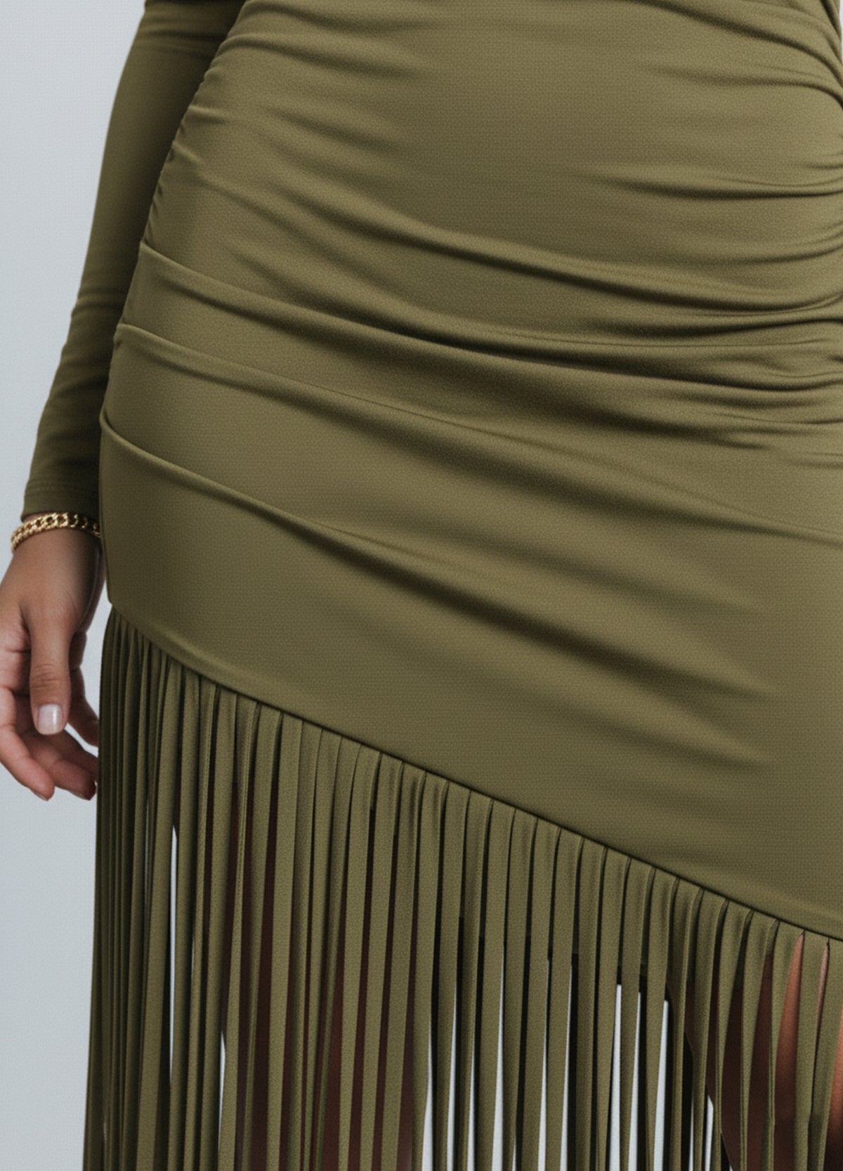 Desert Fringe Ruched Midi Dress
