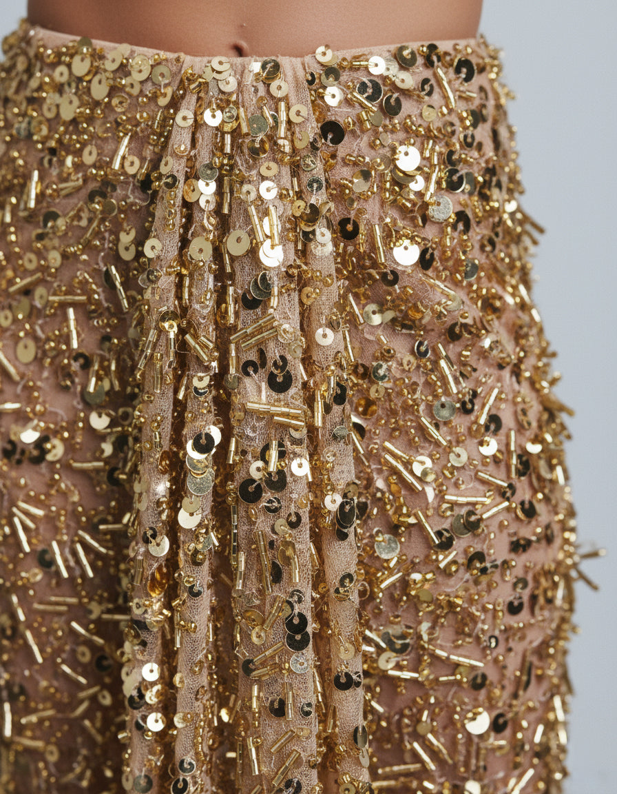 Gold Sequin Draped Two-Piece Set