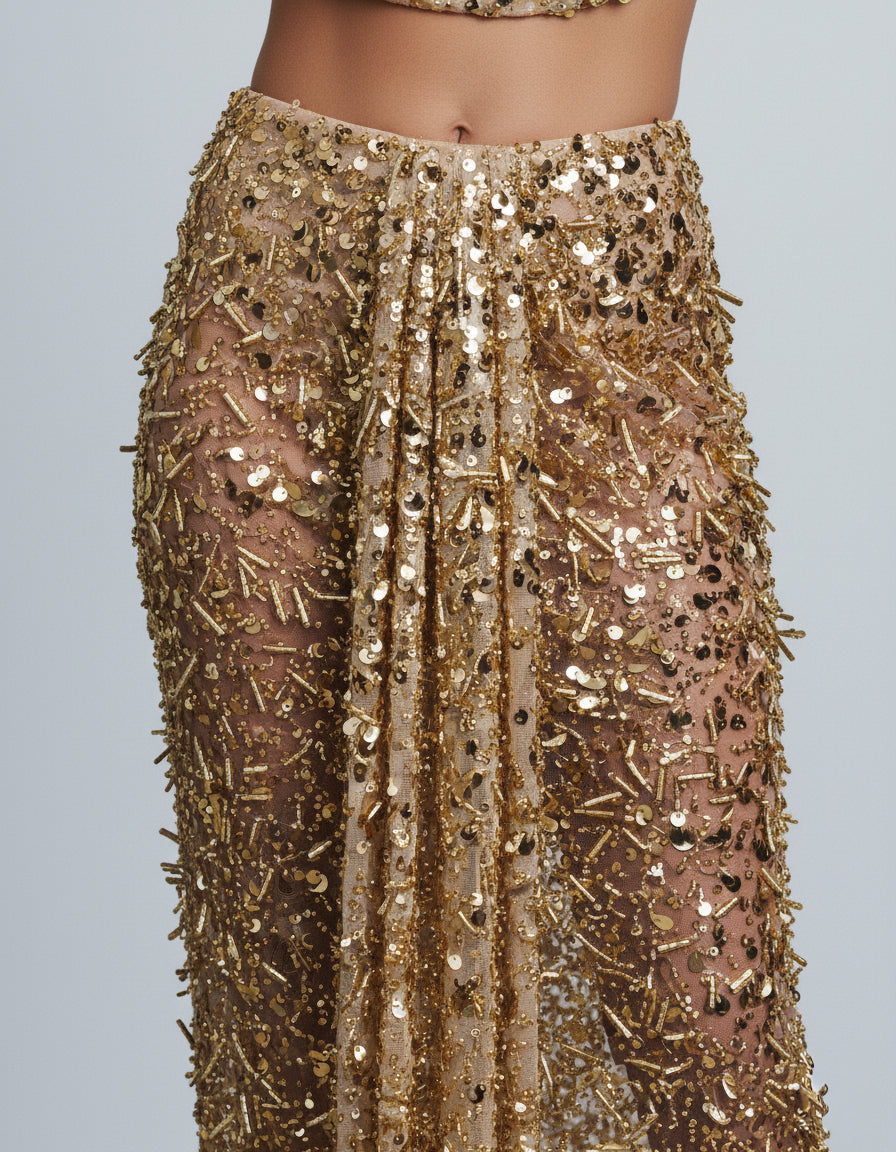 Gold Sequin Draped Two-Piece Set