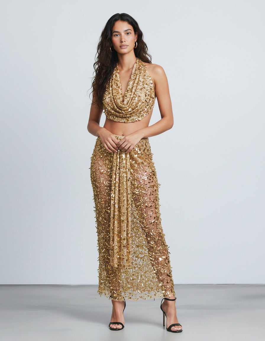 Gold Sequin Draped Two-Piece Set