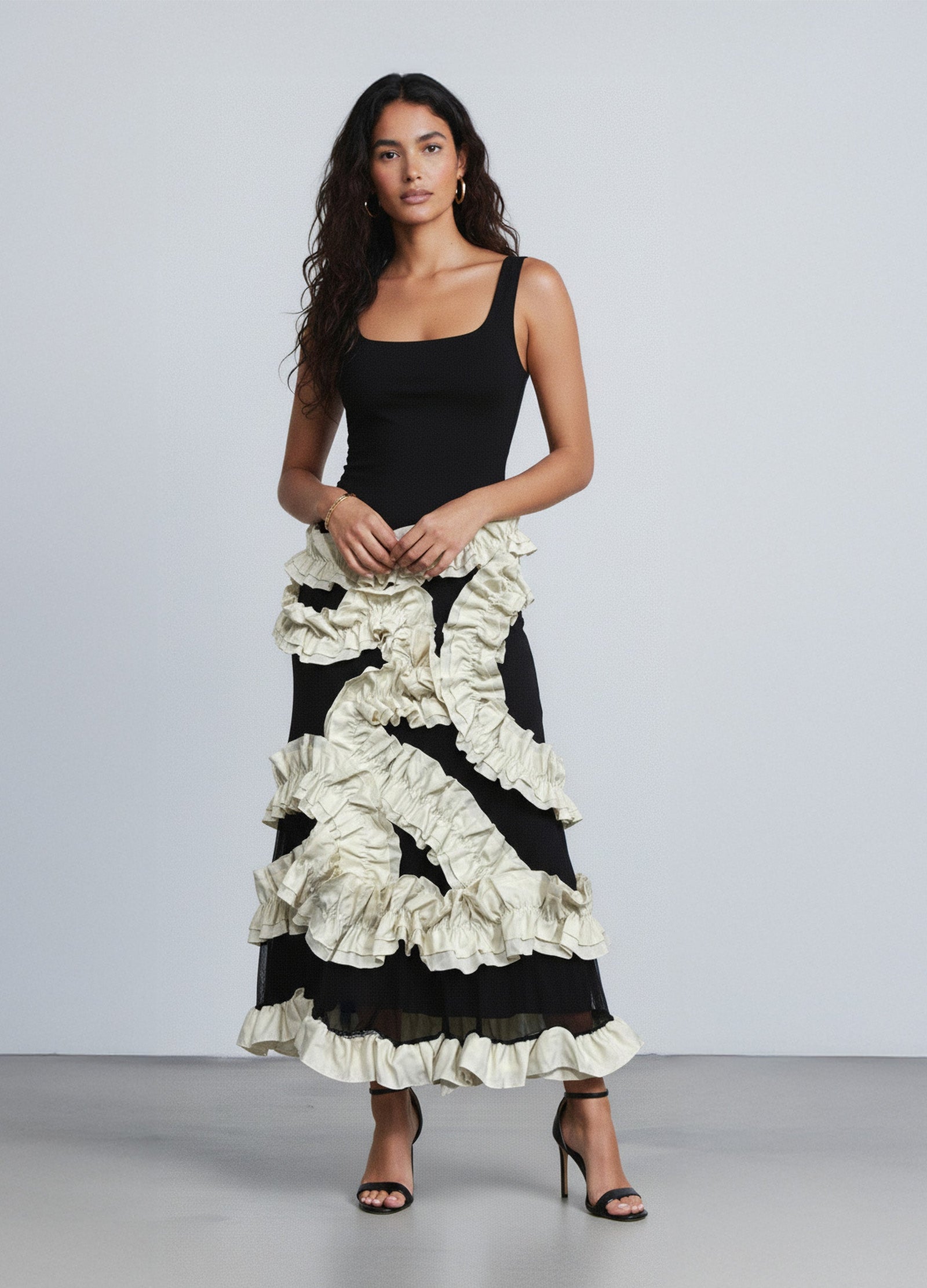 Monochrome Dreams Ruffle Maxi Dress