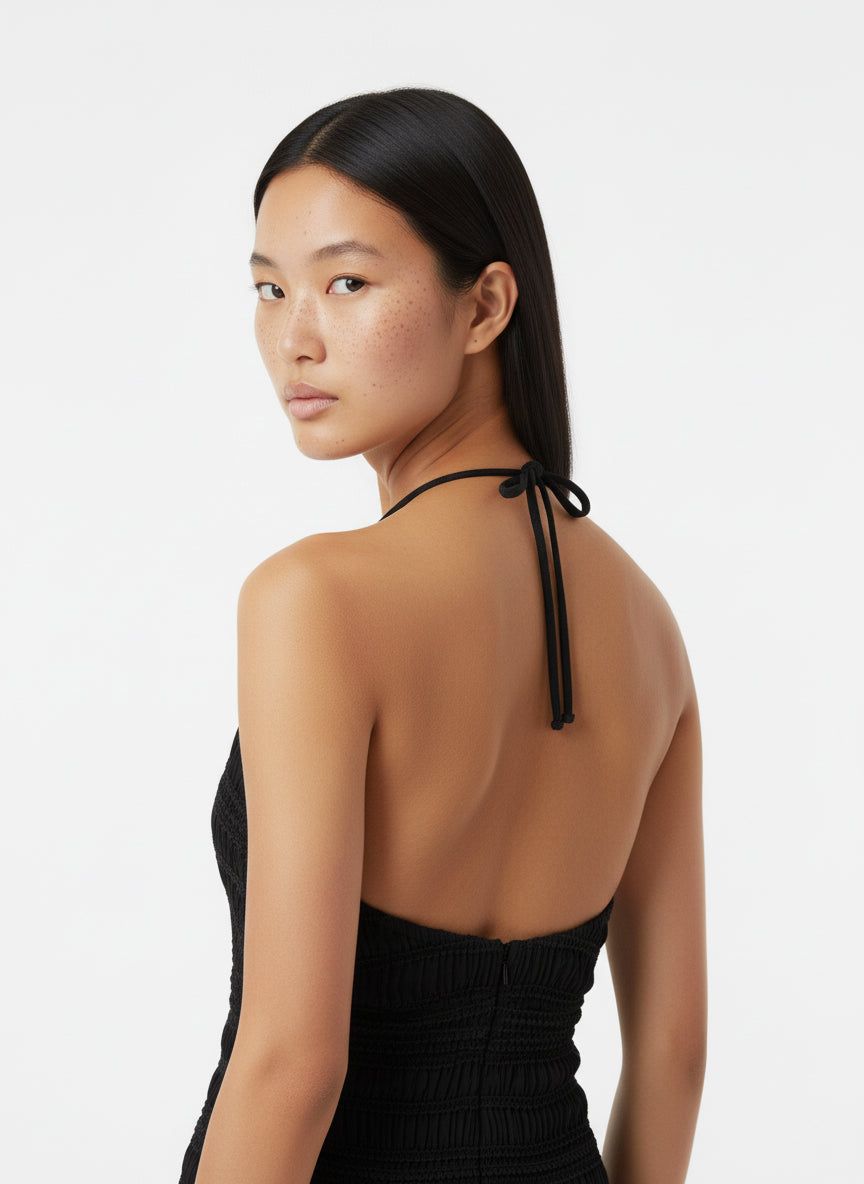 Keyhole Halter Textured Mini Dress (Black)