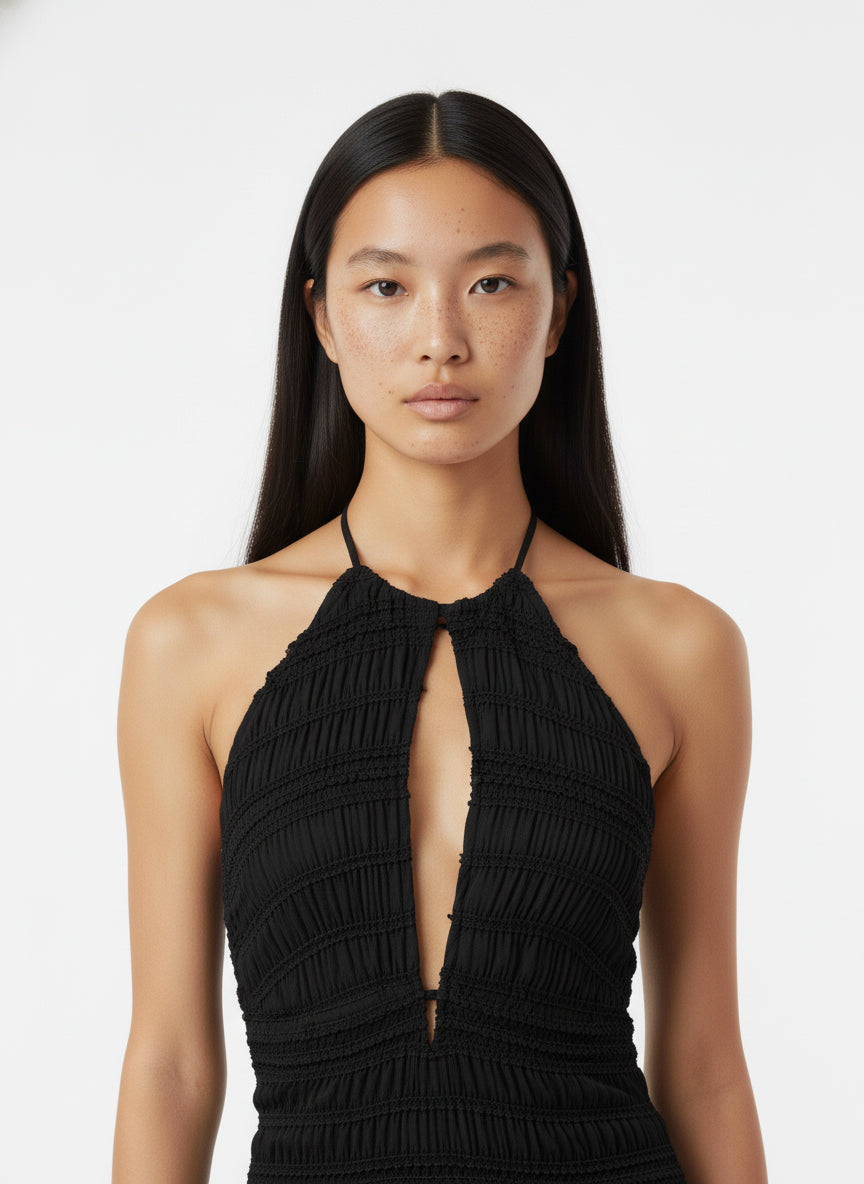 Keyhole Halter Textured Mini Dress (Black)