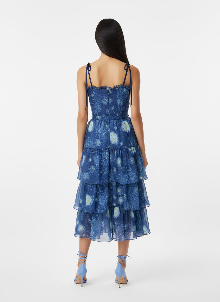 Celestial Ruffle Tiered Midi Dress (Indigo)