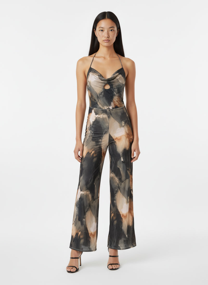 Eclipse Ink Cowl Halter Jumpsuit