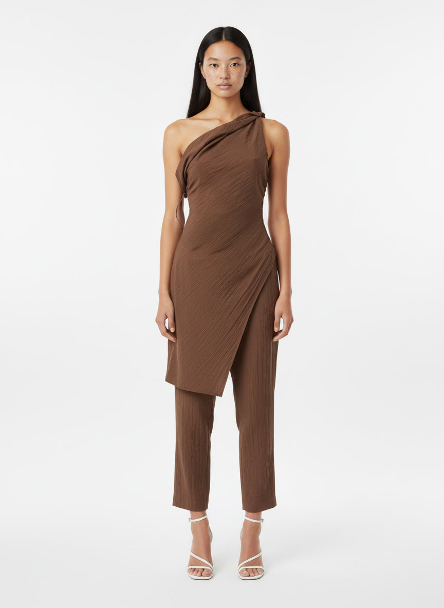 Asymmetric One-Shoulder Tunic & Pants Set (Mocha)