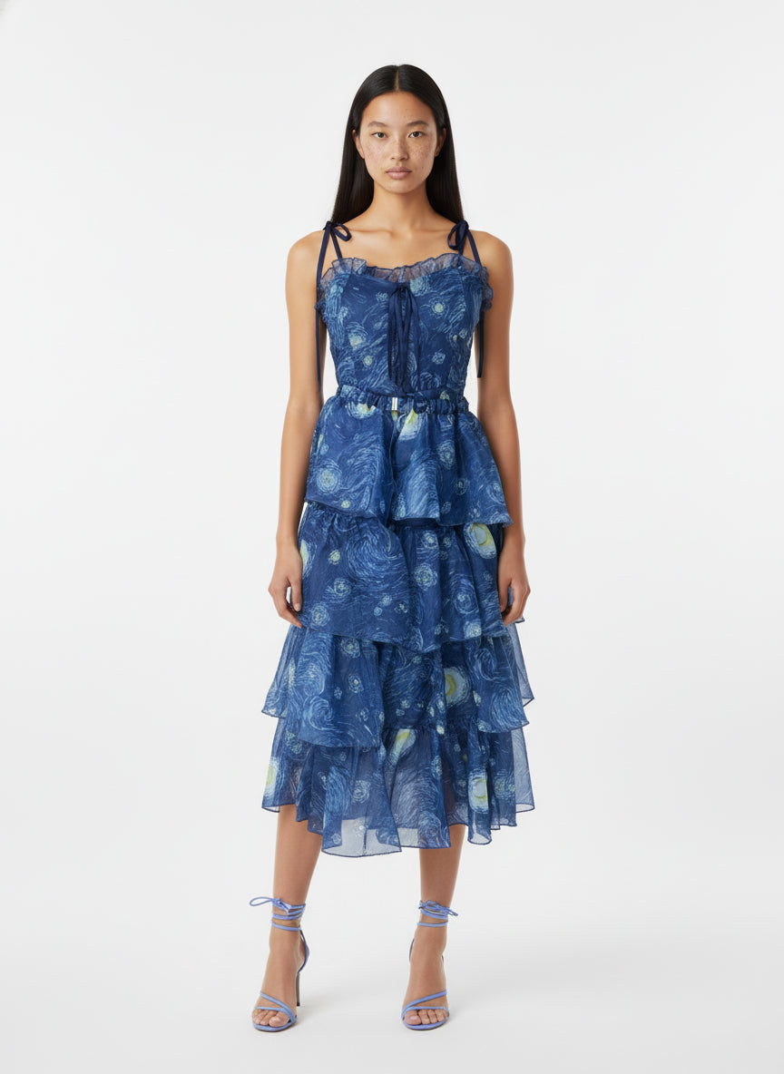 Celestial Ruffle Tiered Midi Dress (Indigo)